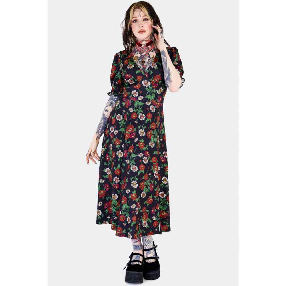 Jawbreaker - Skull Flower Midi Tea Long dress - Black